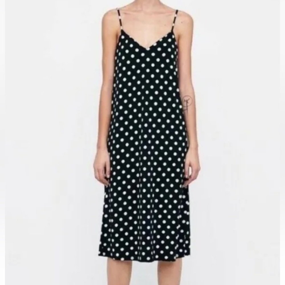 Zara black and white polka dot midi slip dress, Small